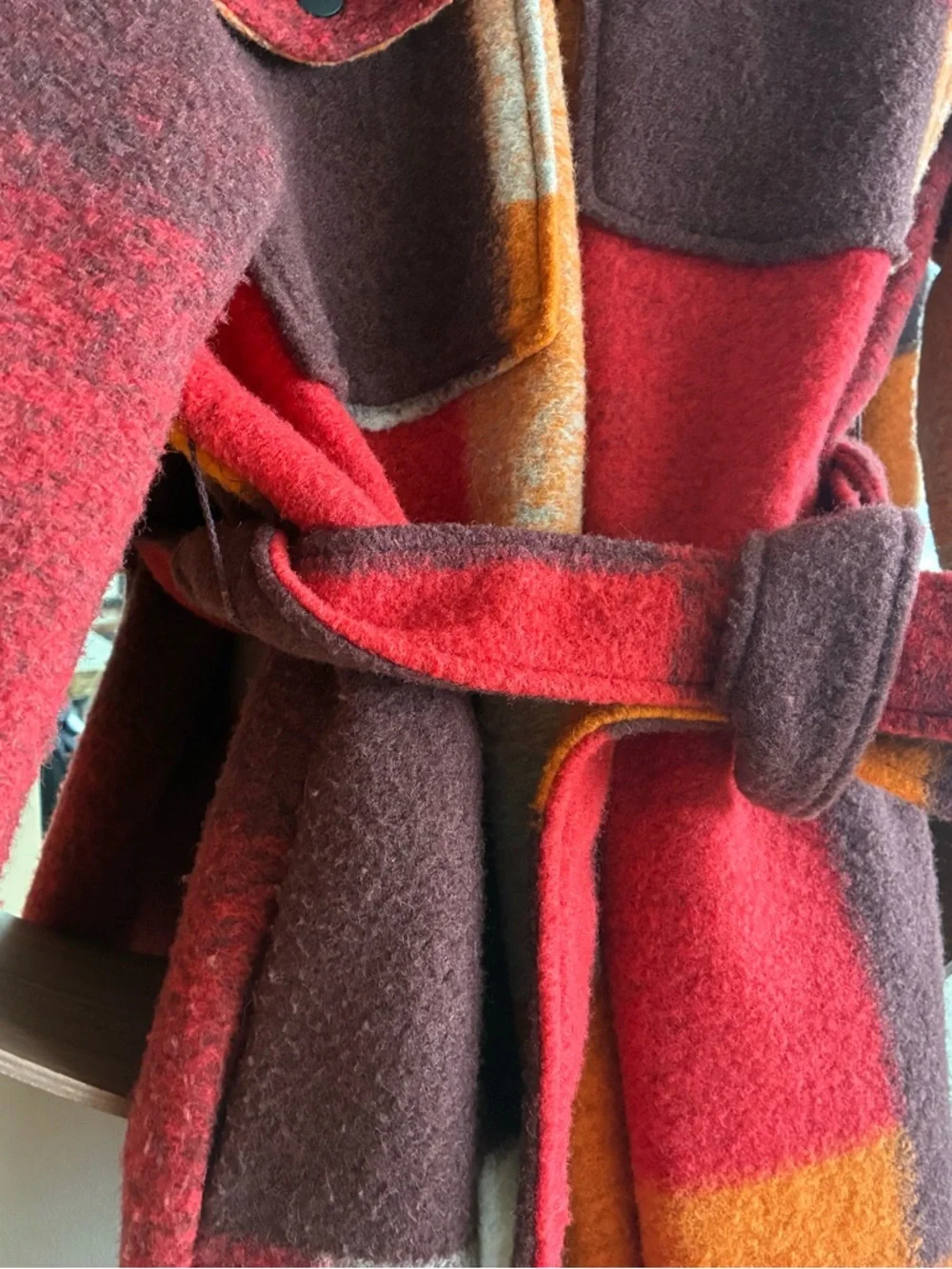 Desigual Red Orange Brown Cream Colorblock Belted Wool Coat - Picture 4 of 8